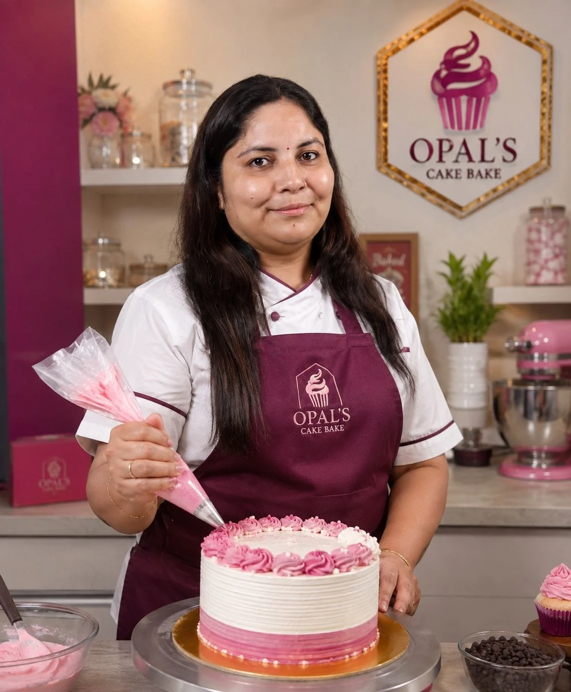 Hina Jain, founder of OPAL'S CAKE, decorating a cake